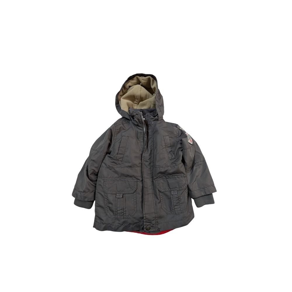 Carters Boys 3T Grey Fleece Lined Hooded Parka Jacket Camp Trooper 36 Patch